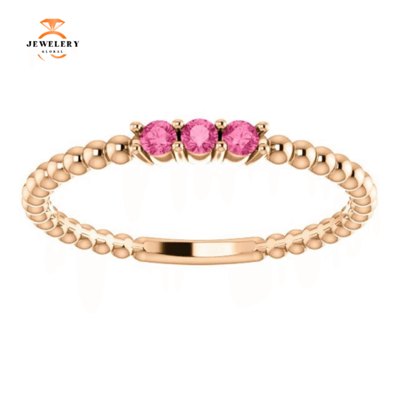14KT GOLD 0.12 CTW PINK TOURMALINE 3 STONE BEADED RING - Image 13