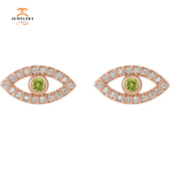14KT GOLD .10 CTW PERIDOT & .18 CTW DIAMOND EVIL EYE EARRINGS - Image 6
