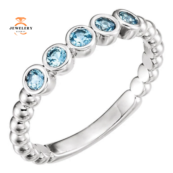 14KT GOLD 0.30 CTW AQUAMARINE BEZEL-SET 5 STONE BEADED RING - Image 5