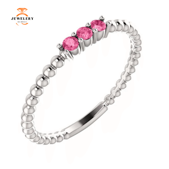 14KT GOLD 0.12 CTW PINK TOURMALINE 3 STONE BEADED RING