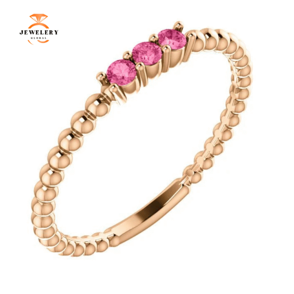 14KT GOLD 0.12 CTW PINK TOURMALINE 3 STONE BEADED RING - Image 9