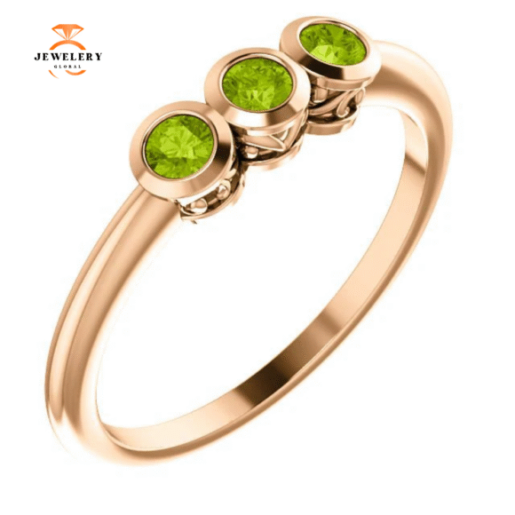 14KT GOLD 0.27 CTW ROUND PERIDOT BEZEL-SET 3 STONE RING