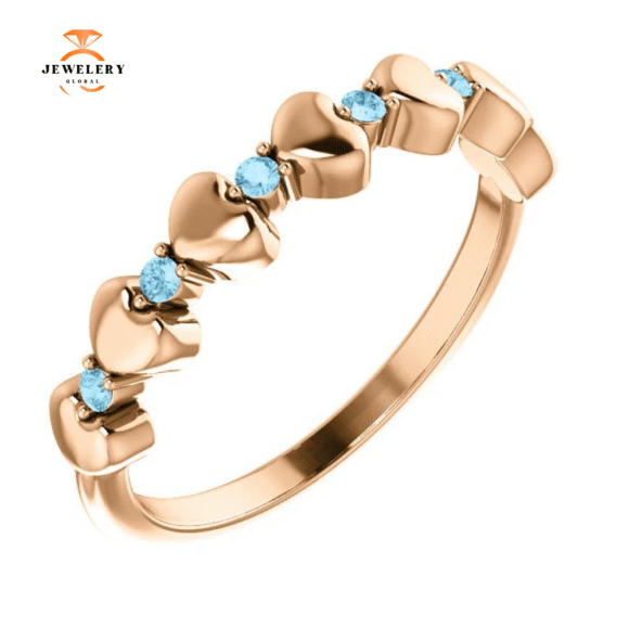 14KT GOLD 0.12 CTW ROUND AQUAMARINE STACKABLE RING - Image 5