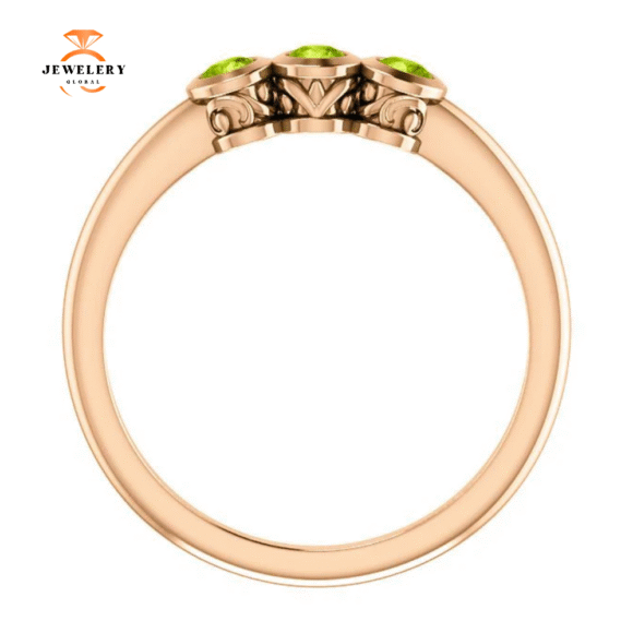 14KT GOLD 0.27 CTW ROUND PERIDOT BEZEL-SET 3 STONE RING - Image 3