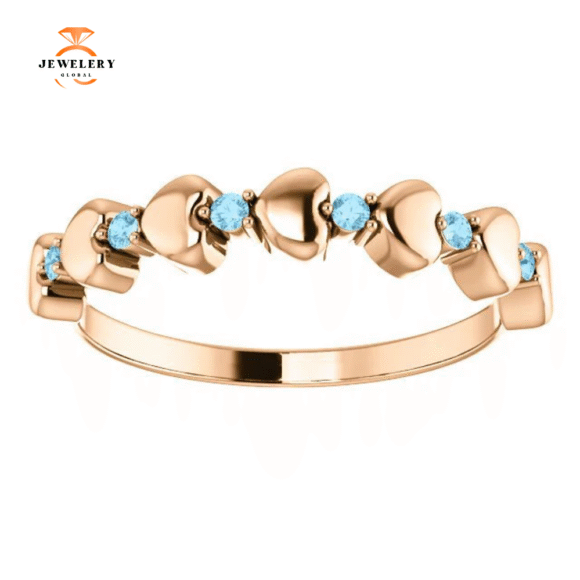 14KT GOLD 0.12 CTW ROUND AQUAMARINE STACKABLE RING - Image 7