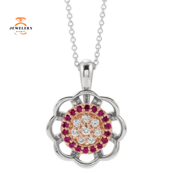 14KT GOLD RUBY & DIAMOND FLOWER HALO NECKLACE