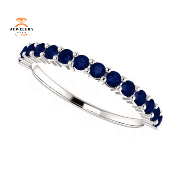 14KT GOLD 0.70 CTW ROUND BLUE SAPPHIRE SHARED PRONG BAND - Image 5