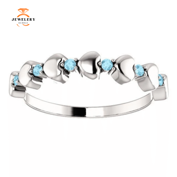 14KT GOLD 0.12 CTW ROUND AQUAMARINE STACKABLE RING - Image 3