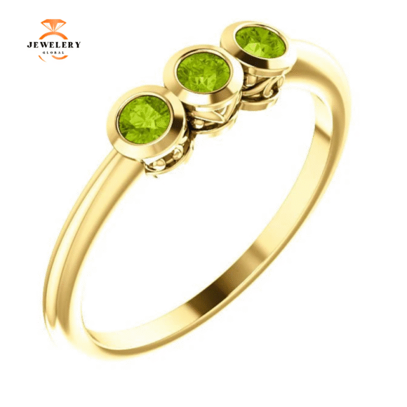 14KT GOLD 0.27 CTW ROUND PERIDOT BEZEL-SET 3 STONE RING - Image 14