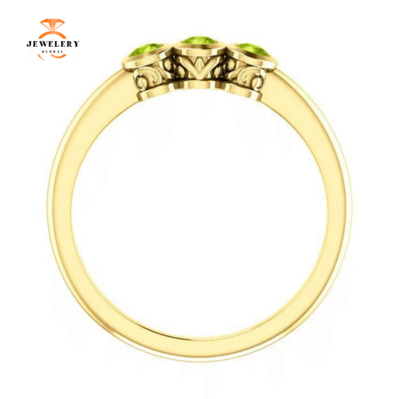 14KT GOLD 0.27 CTW ROUND PERIDOT BEZEL-SET 3 STONE RING - Image 7