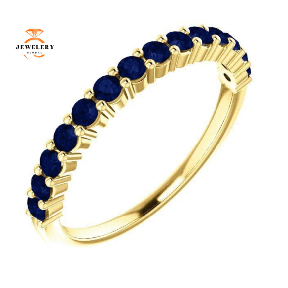 14KT GOLD 0.70 CTW ROUND BLUE SAPPHIRE SHARED PRONG BAND - Image 7