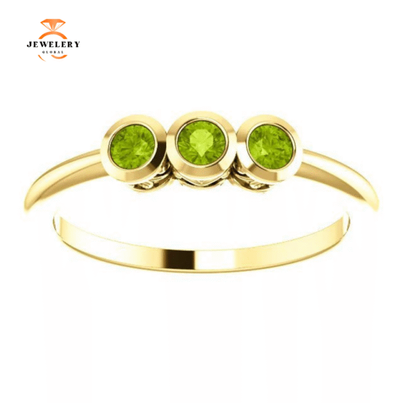 14KT GOLD 0.27 CTW ROUND PERIDOT BEZEL-SET 3 STONE RING - Image 6