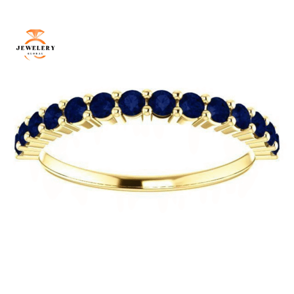 14KT GOLD 0.70 CTW ROUND BLUE SAPPHIRE SHARED PRONG BAND - Image 9