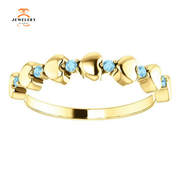 14KT GOLD 0.12 CTW ROUND AQUAMARINE STACKABLE RING - Image 7