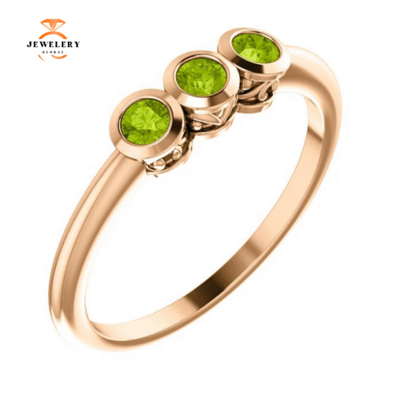 14KT GOLD 0.27 CTW ROUND PERIDOT BEZEL-SET 3 STONE RING - Image 13