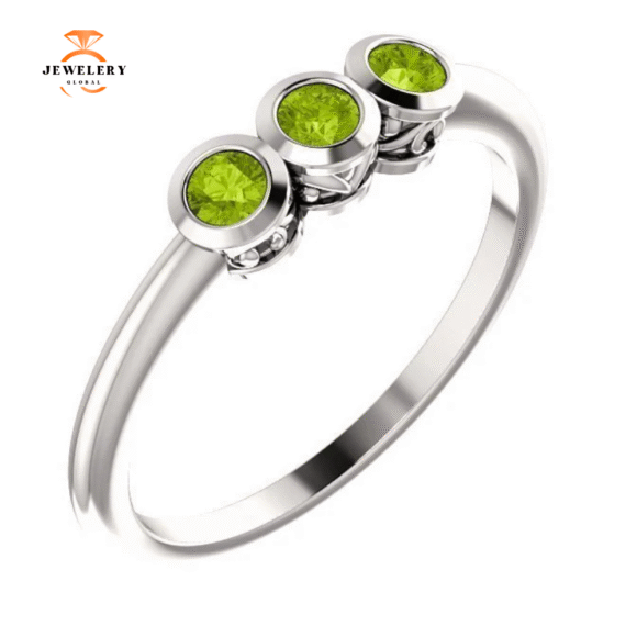 14KT GOLD 0.27 CTW ROUND PERIDOT BEZEL-SET 3 STONE RING - Image 9