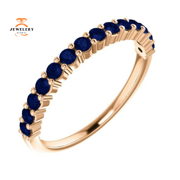 14KT GOLD 0.70 CTW ROUND BLUE SAPPHIRE SHARED PRONG BAND - Image 12
