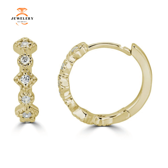 14KT GOLD .12 CTW DIAMOND ALTERNATING SHAPE HUGGIE HOOP EARRINGS - Image 3