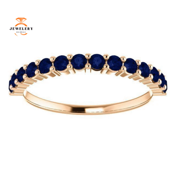 14KT GOLD 0.70 CTW ROUND BLUE SAPPHIRE SHARED PRONG BAND - Image 14