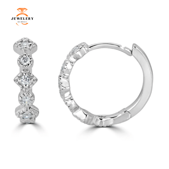 14KT GOLD .12 CTW DIAMOND ALTERNATING SHAPE HUGGIE HOOP EARRINGS - Image 2