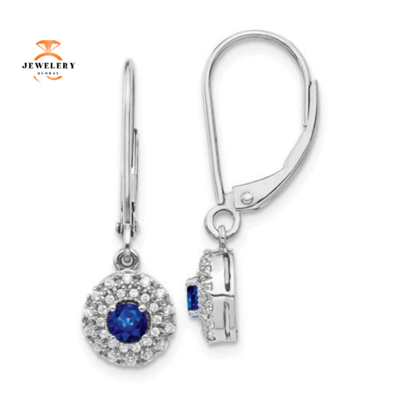 14KT WHITE GOLD .40 CTW SAPPHIRE & .20 CTW DIAMOND HALO LEVERBACK EARRINGS