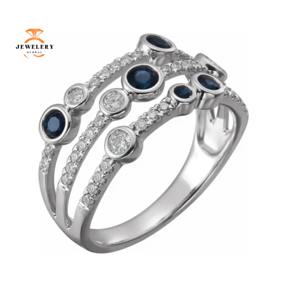14KT WHITE GOLD 0.44 CTW SAPPHIRE & 3/8 CTW DIAMOND BEZEL-SET 3 ROW RING