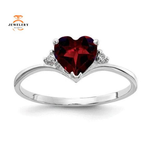 14KT WHITE GOLD 0.80 CT GARNET & DIAMOND HEART RING
