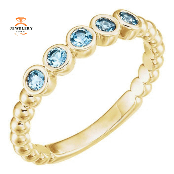 14KT GOLD 0.30 CTW AQUAMARINE BEZEL-SET 5 STONE BEADED RING - Image 3