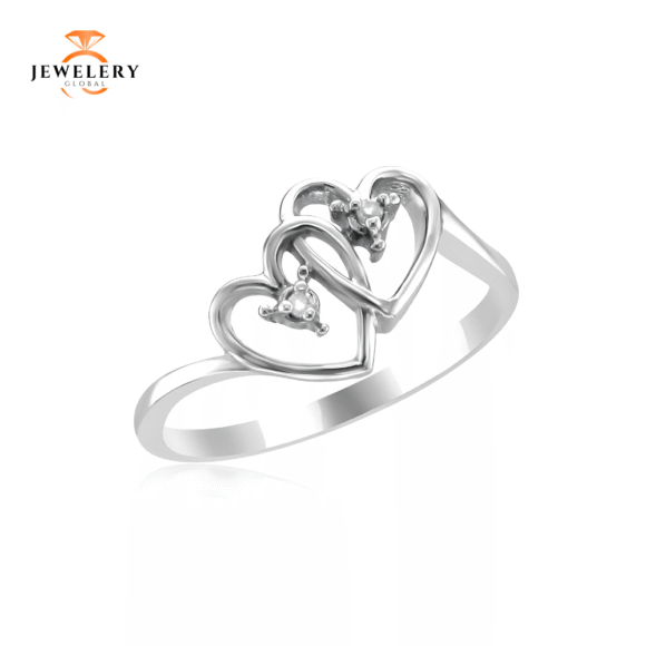 10KT WHITE GOLD DIAMOND DOUBLE HEART PROMISE RING - Image 2