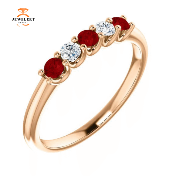 14KT GOLD 0.27 CTW RUBY & 0.12 CTW DIAMOND 5 STONE BAND - Image 2
