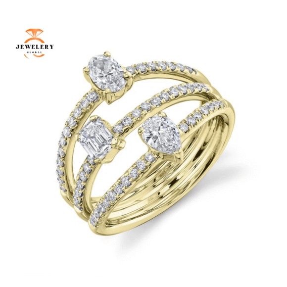 14KT Gold 1.24 CTW Multi-Shape Diamond 3 Row Ring - Image 3