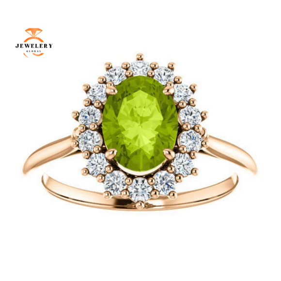 14KT GOLD PERIDOT & DIAMOND OVAL HALO RING - Image 2