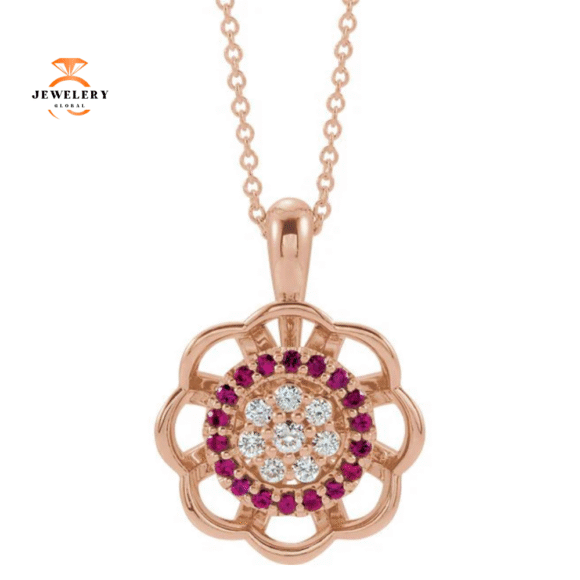 14KT GOLD RUBY & DIAMOND FLOWER HALO NECKLACE - Image 3