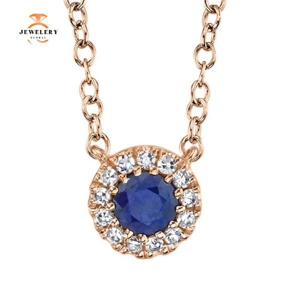14KT GOLD 0.14 CT SAPPHIRE & .04 CTW DIAMOND HALO NECKLACE