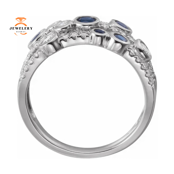 14KT WHITE GOLD 0.44 CTW SAPPHIRE & 3/8 CTW DIAMOND BEZEL-SET 3 ROW RING - Image 2