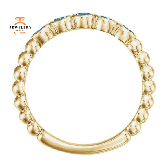 14KT GOLD 0.30 CTW AQUAMARINE BEZEL-SET 5 STONE BEADED RING - Image 4