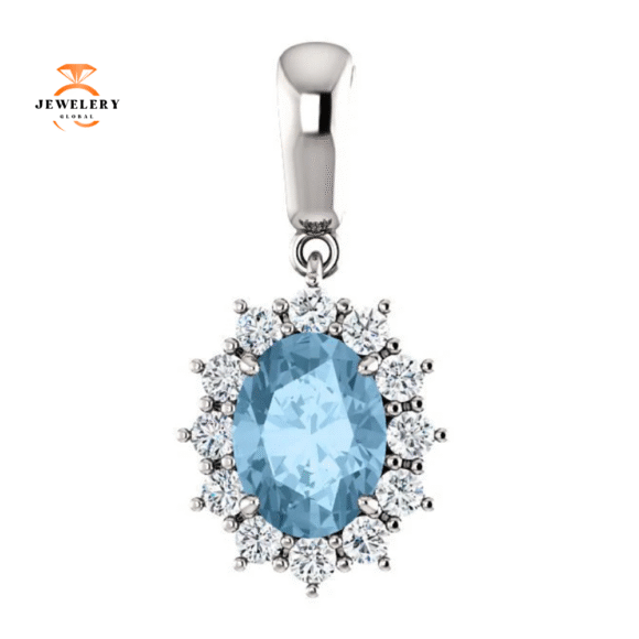 14KT GOLD 1.60 CT SWISS BLUE TOPAZ & 1/3 CTW DIAMOND OVAL HALO PENDANT