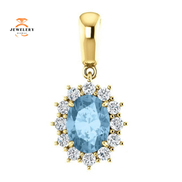 14KT GOLD 1.60 CT SWISS BLUE TOPAZ & 1/3 CTW DIAMOND OVAL HALO PENDANT - Image 3