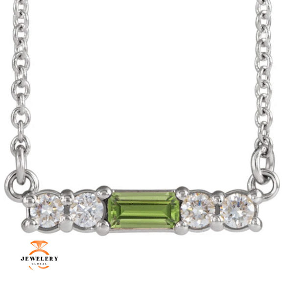 14KT GOLD PETITE PERIDOT & DIAMOND ACCENT BAR NECKLACE