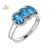 14KT GOLD 1.74 CTW BLUE TOPAZ & .10 CTW DIAMOND 3 STONE OVAL HALO RING