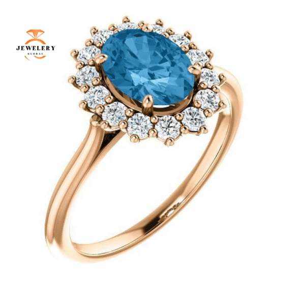 14KT GOLD 1.60 CT SWISS BLUE TOPAZ & 3/8 CTW DIAMOND OVAL HALO RING