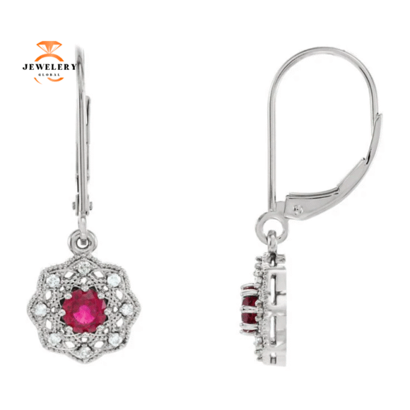 14KT GOLD 0.70 CTW RUBY & 1/8 CTW DIAMOND VINTAGE HALO EARRINGS