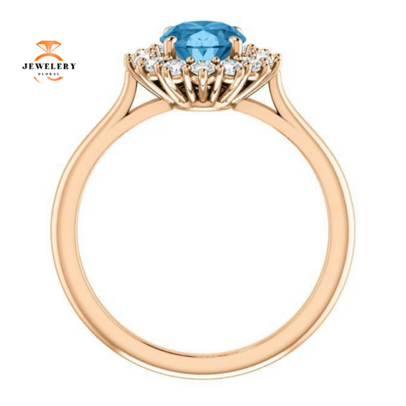 14KT GOLD 1.60 CT SWISS BLUE TOPAZ & 3/8 CTW DIAMOND OVAL HALO RING - Image 2