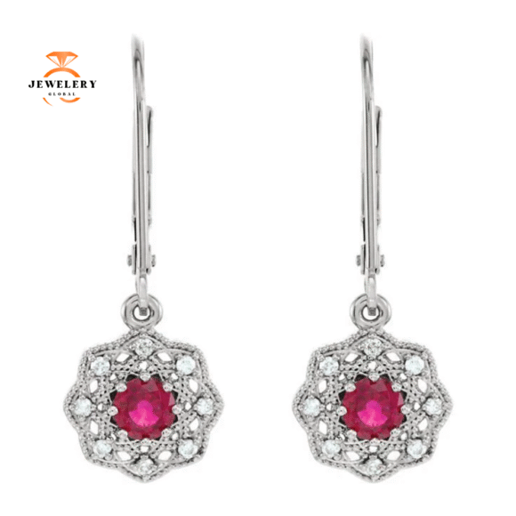 14KT GOLD 0.70 CTW RUBY & 1/8 CTW DIAMOND VINTAGE HALO EARRINGS - Image 2