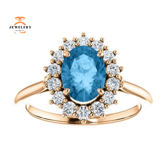 14KT GOLD 1.60 CT SWISS BLUE TOPAZ & 3/8 CTW DIAMOND OVAL HALO RING - Image 3