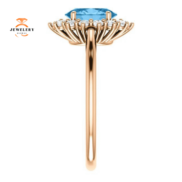 14KT GOLD 1.60 CT SWISS BLUE TOPAZ & 3/8 CTW DIAMOND OVAL HALO RING - Image 4
