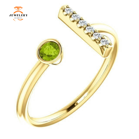 14KT GOLD .13 CT PERIDOT & .05 CTW DIAMOND BEZEL BAR RING