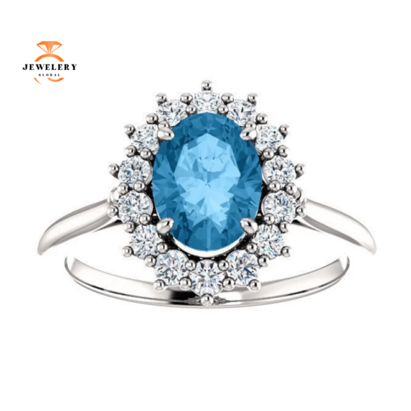 14KT GOLD 1.60 CT SWISS BLUE TOPAZ & 3/8 CTW DIAMOND OVAL HALO RING - Image 7