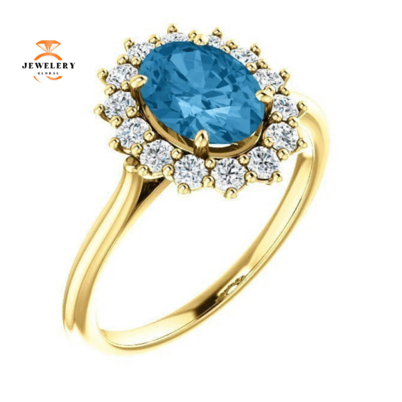 14KT GOLD 1.60 CT SWISS BLUE TOPAZ & 3/8 CTW DIAMOND OVAL HALO RING - Image 9