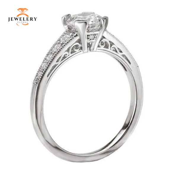 14KT 1/6 CTW DIAMOND TAPERED MILGRAIN VINTAGE SETTING FOR 1CT ROUND - Image 4